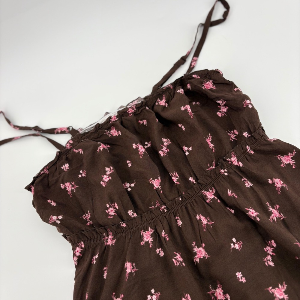 No Boundaries XS Brown Pink Floral Babydoll Cami Tank Top Peplum Strappy